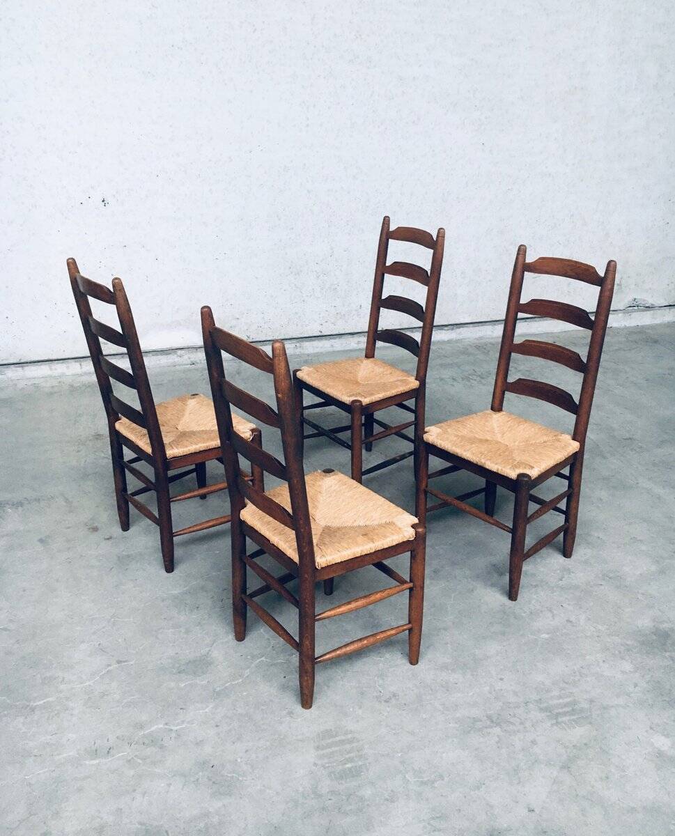 Rustic Ladder Back Oak and Rush Dining Chairs, 1960s, Set of 4