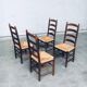 Rustic Ladder Back Oak and Rush Dining Chairs, 1960s, Set of 4