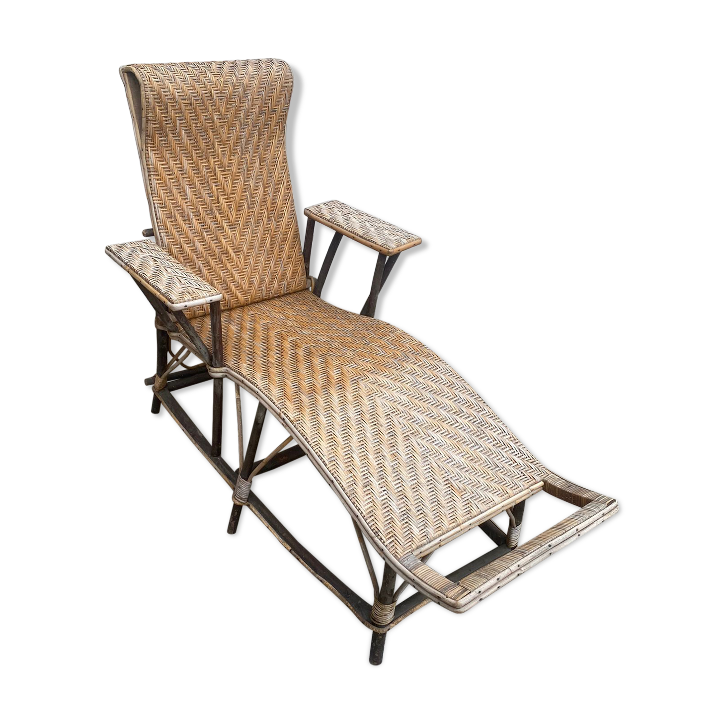 Chaise longue rotin bois ancienne