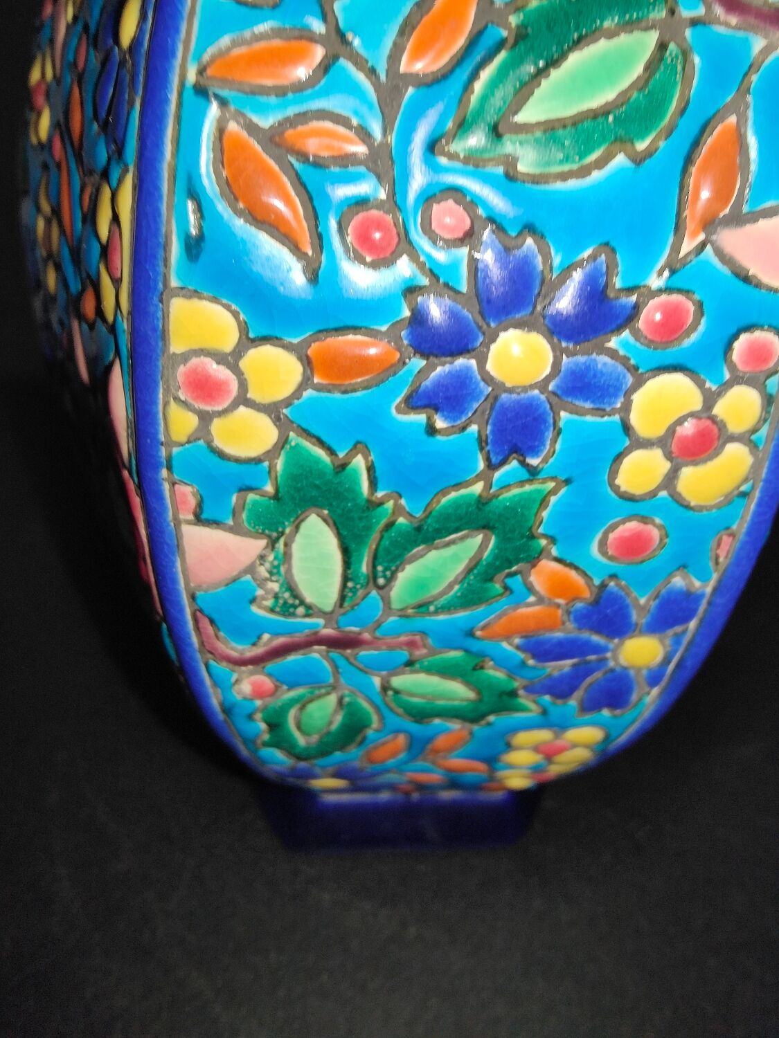 Octagonal ball vase in Longwy earthenware with floral decoration of cloisonné enamels