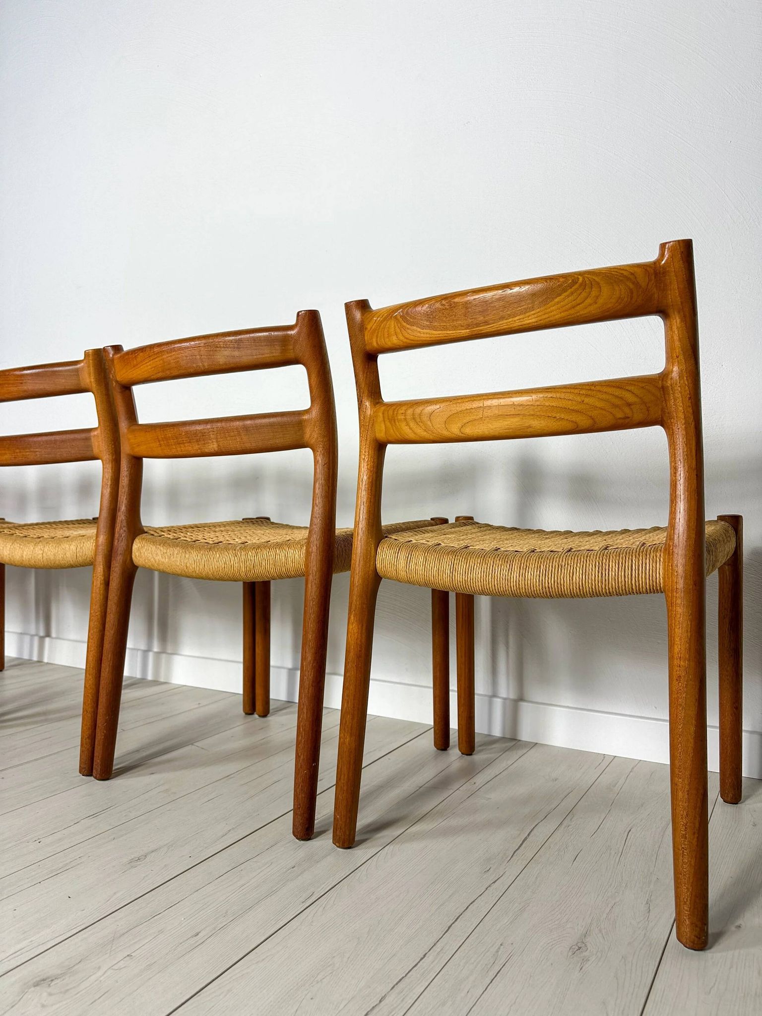 1960s Set of 6 Danish Teak Papercord Dining Chairs Model 84 by Niels Møller