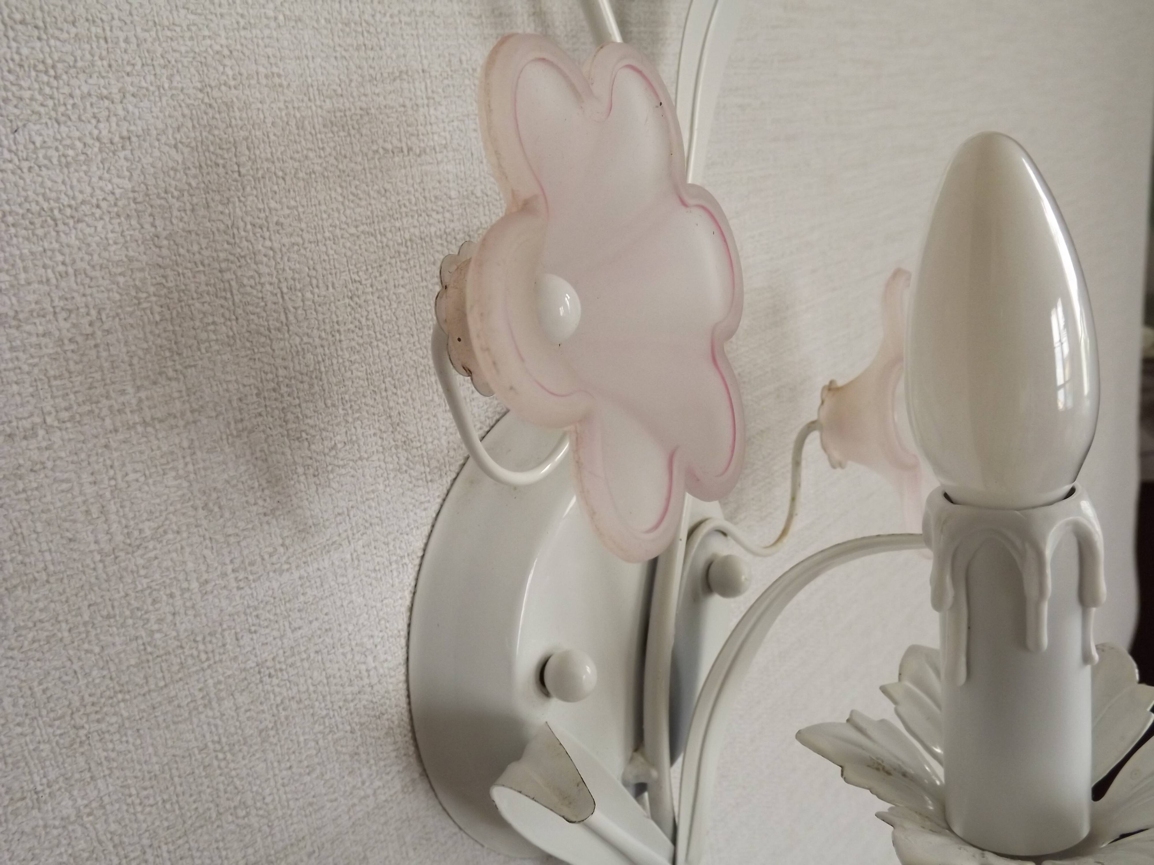 French vintage white metal double wall light with pink glass flowers 5438.