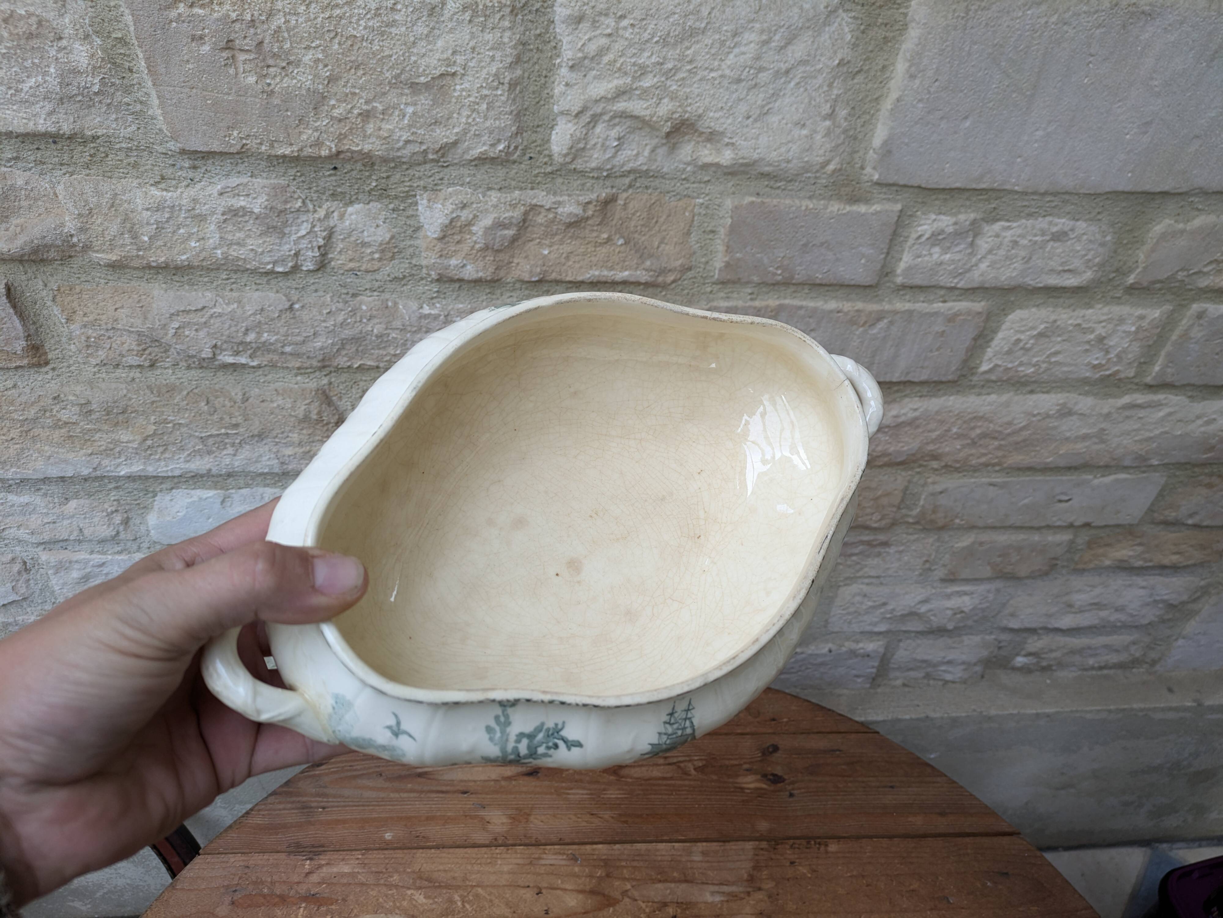 Old vegetable dish serving dish Terre de Fer Opaque porcelain from Gien Ocean model