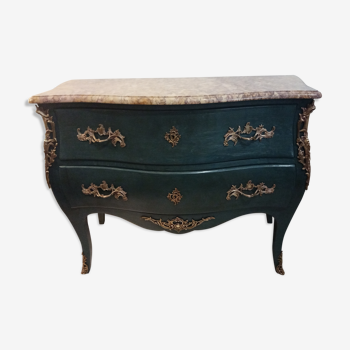 Commode Louis XV galbée 2 tiroirs patine bleu Aubusson dessus marbre