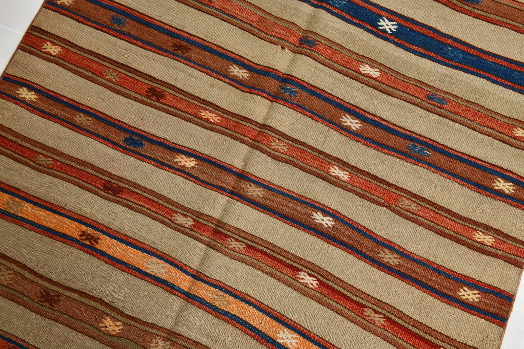 Tapis Kilim beige et bleu marine 4x5, motif ethnique, 120x146 cm