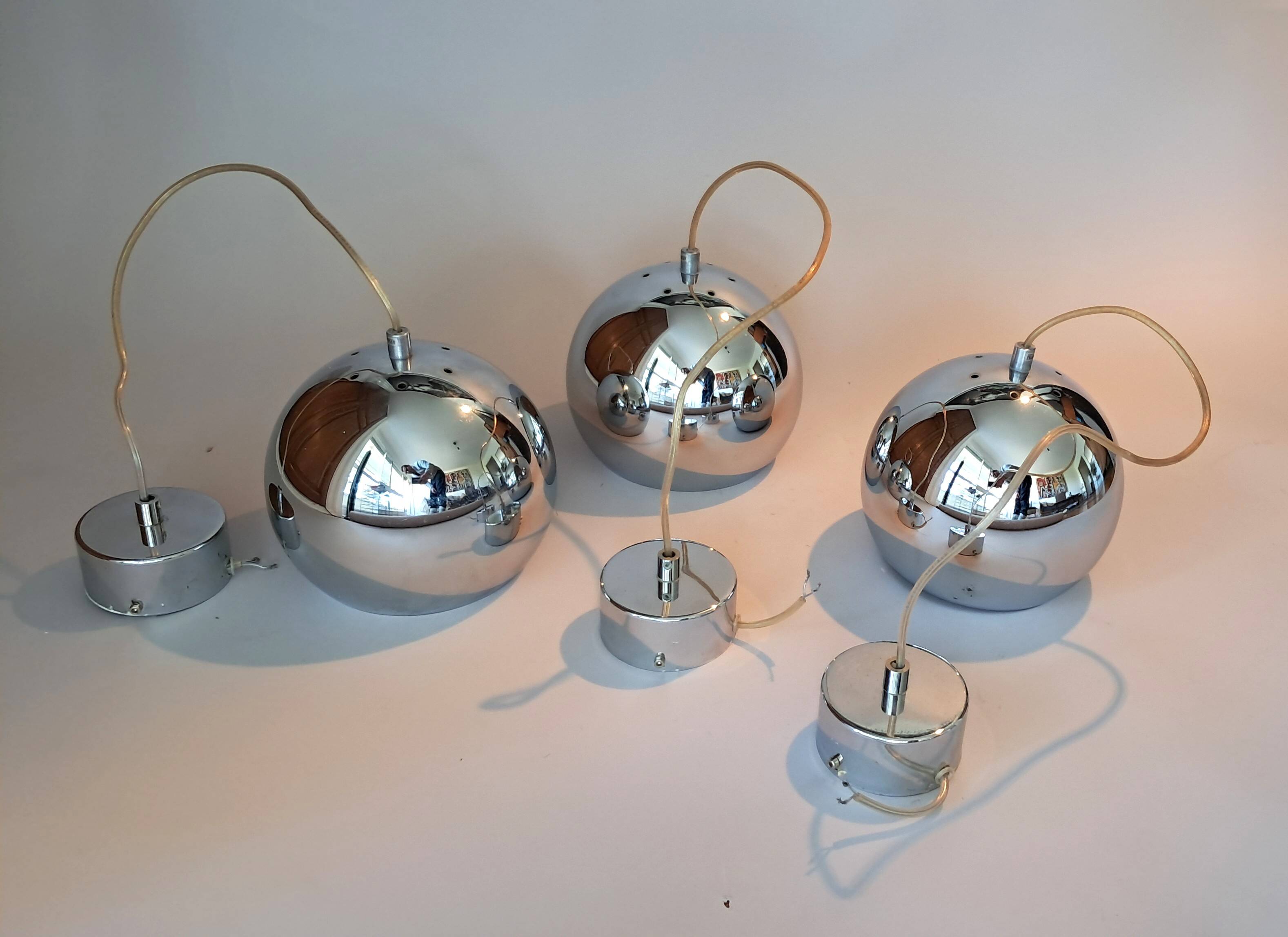 Set of 3 Benny Frandsen modular chrome pendant lights, Denmark 1970/80