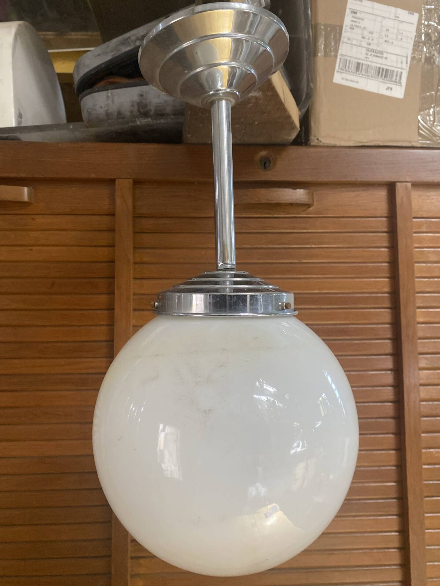 Vintage Ceiling Light Opaline White Ball Pendant + Aluminium Support 50s