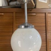 Vintage Ceiling Light Opaline White Ball Pendant + Aluminium Support 50s