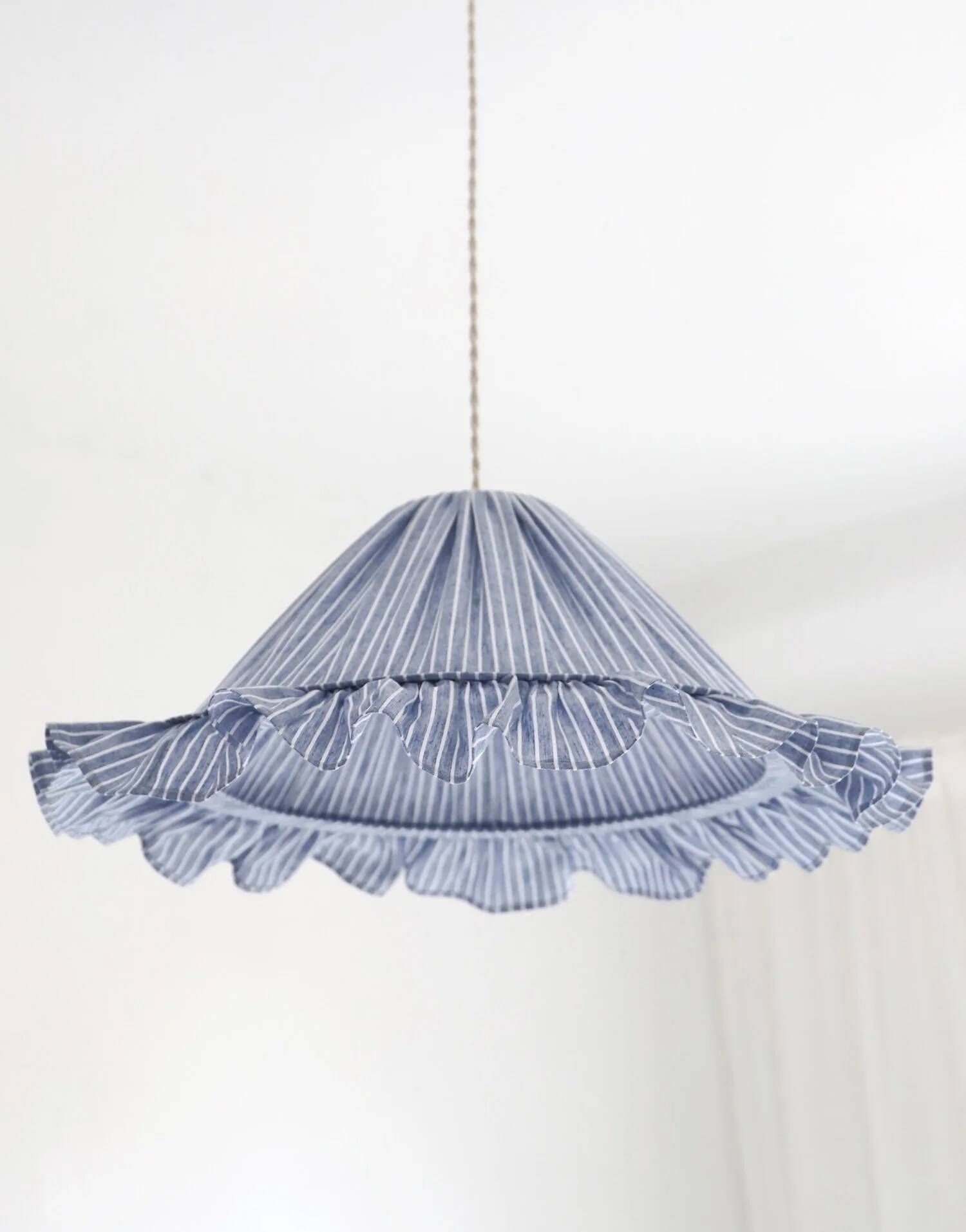 Suspension Emilia, pleated lampshade with frills, blue stripes.