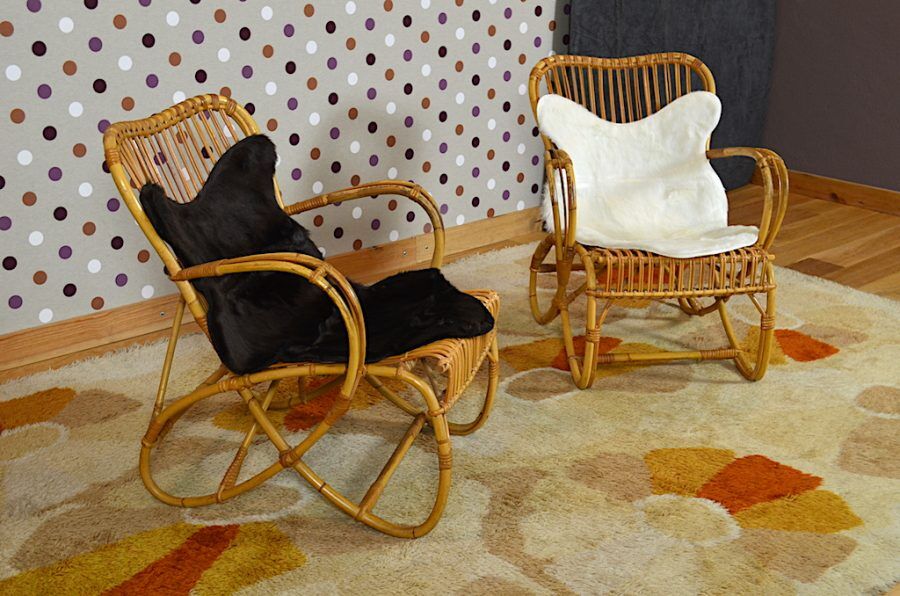 Pair of armchairs vintage rattan with skins