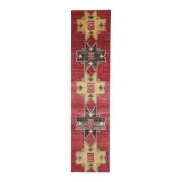 Tapis couloir turc Oushak vintage fait à la main en laine et coton rouge