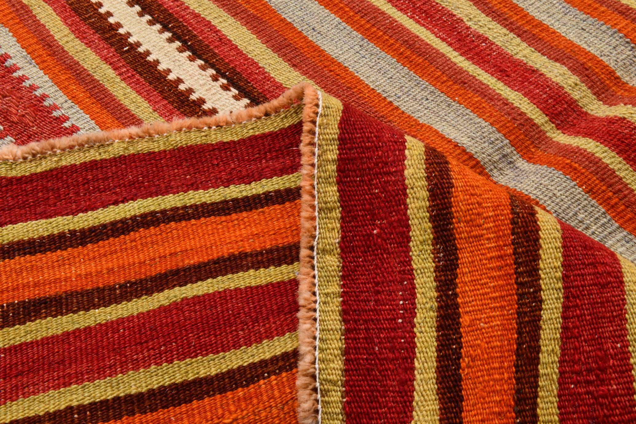 Pumpkin Orange Striped Turkish Woven Kilim Rug, 158x390 Cm