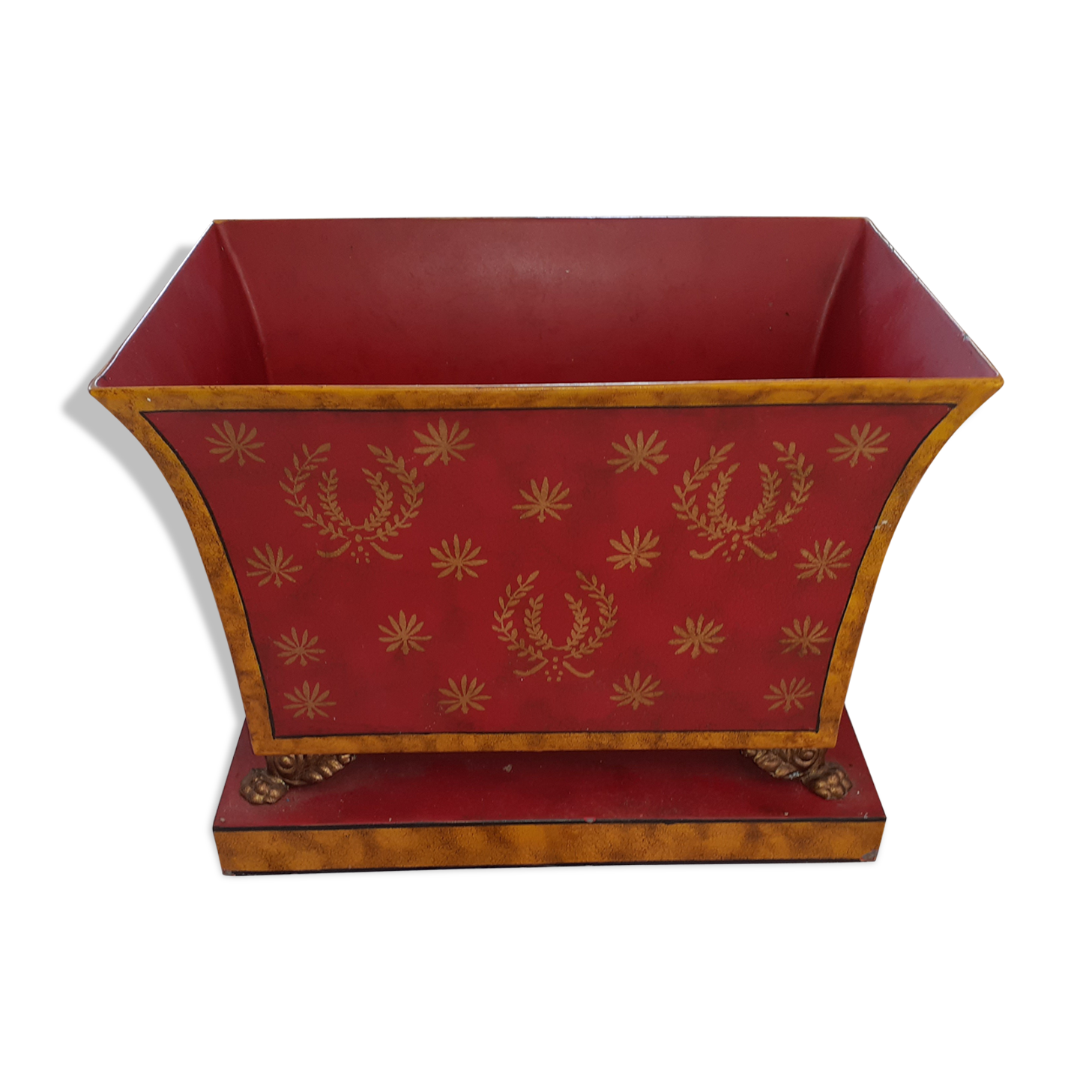 Red metal planter with pedestal 80s