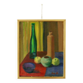 Huile sur toile suédoise « Nature morte "Bouteilles et pommes", Hugo Olson