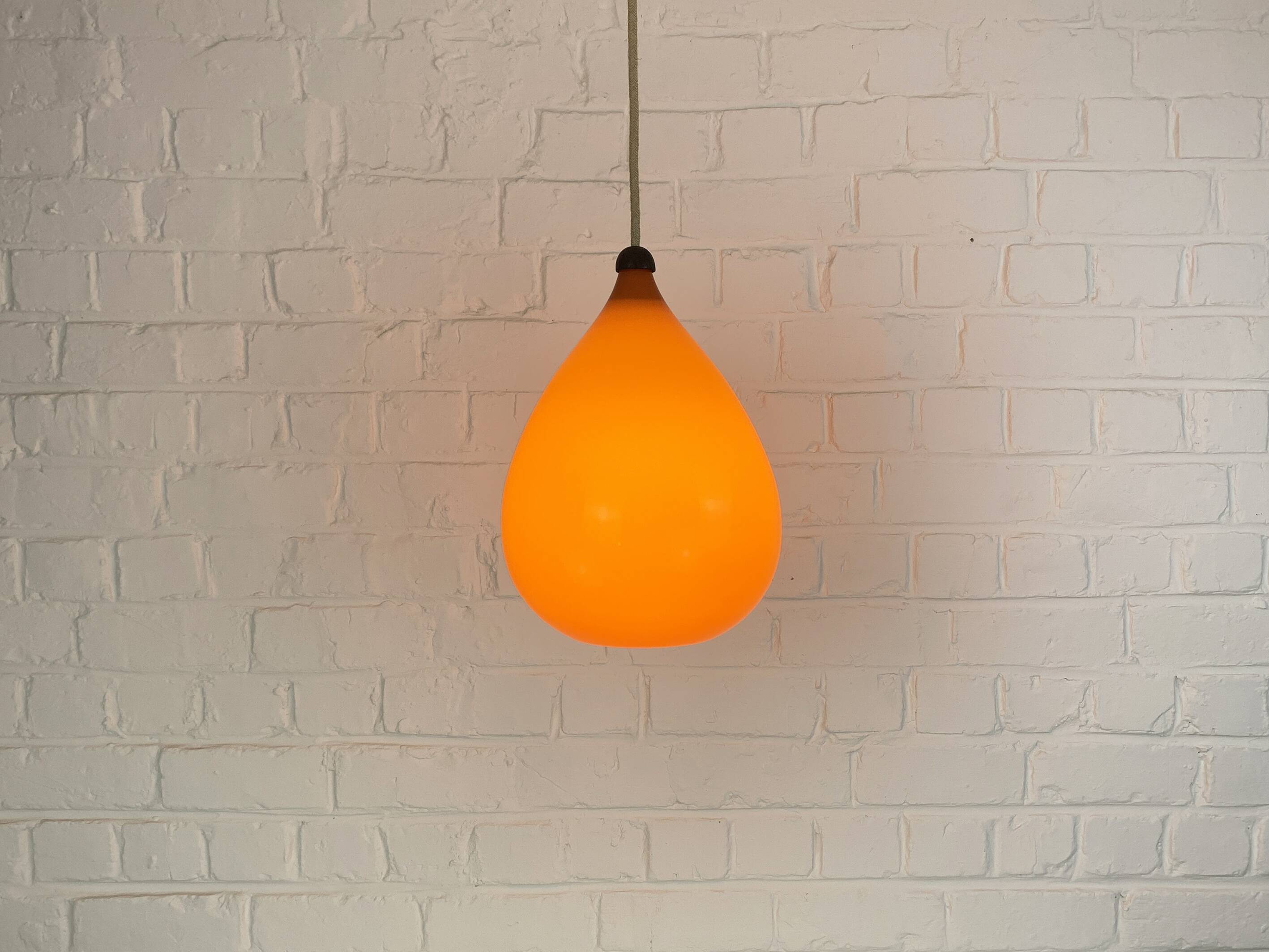 Scandinavian drop pendant light in orange, opaline and teak glass, 1960