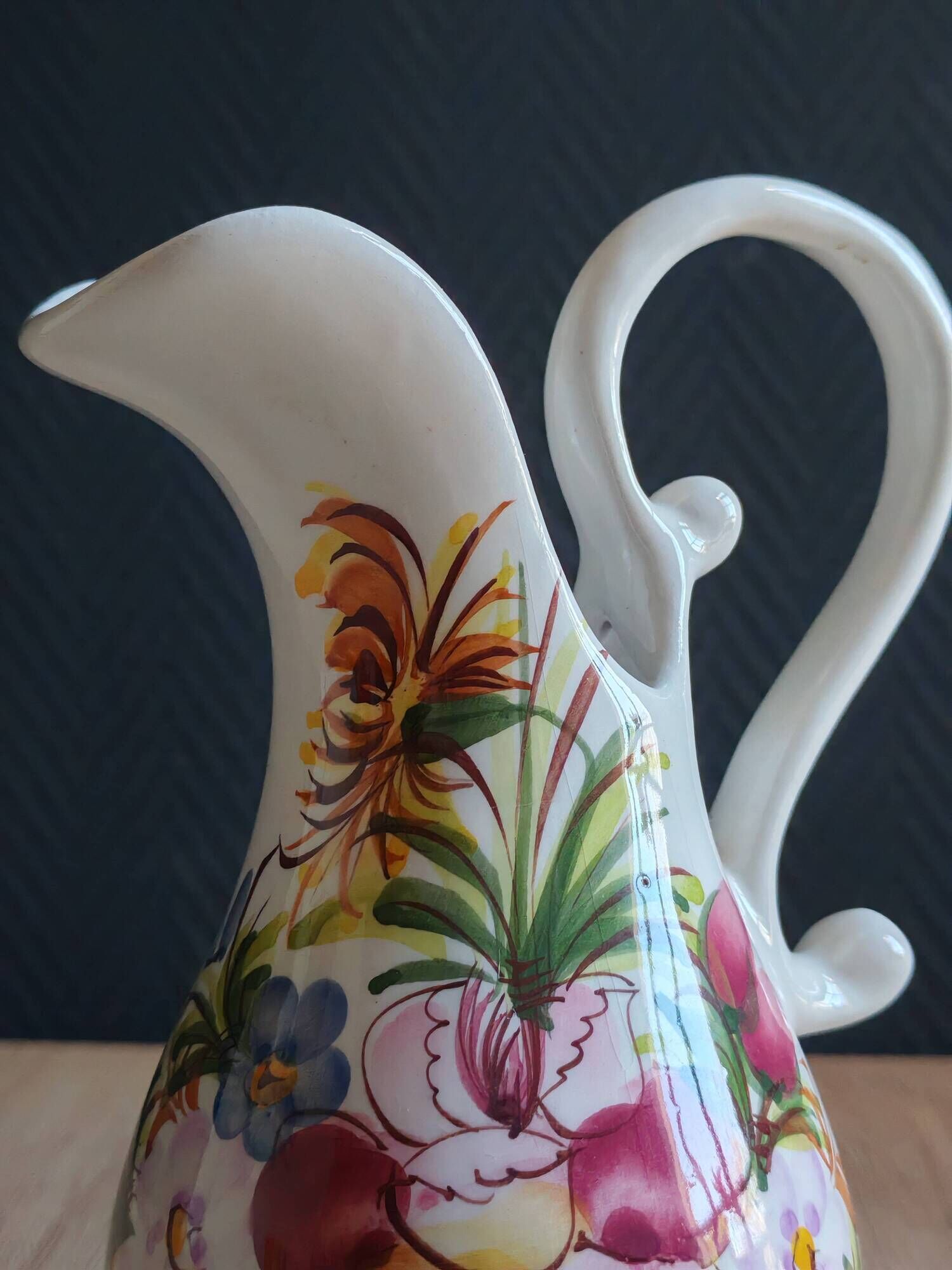 Vintage Ceramic Jug Hand-Painted Multicoloured Floral Decor, Ewer