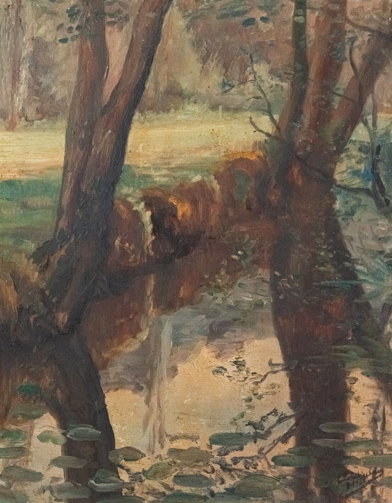 Oil on panel by Feldkricher 1942 undergrowth and river XXth