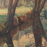 Oil on panel by Feldkricher 1942 undergrowth and river XXth