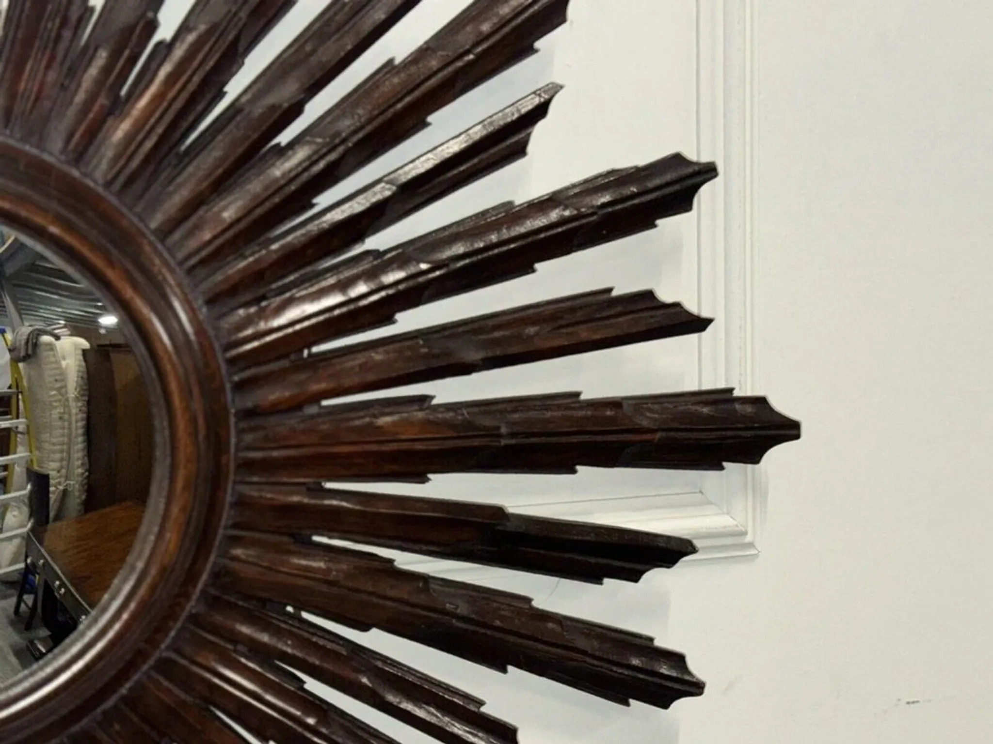 Vintage Brown Wood Convex Wall Mirror Sunburst, Spain, 1940