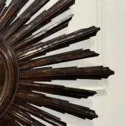 Vintage Brown Wood Convex Wall Mirror Sunburst, Spain, 1940