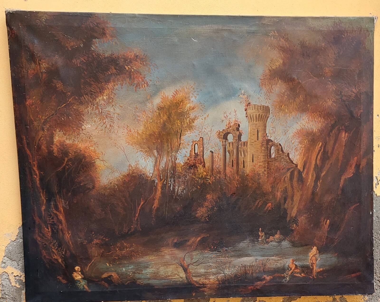 Old oil painting on canvas landscape with ruins and figures 121x98 cm