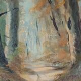 huile sur toile ancadrée XXème Chemin en sous bois