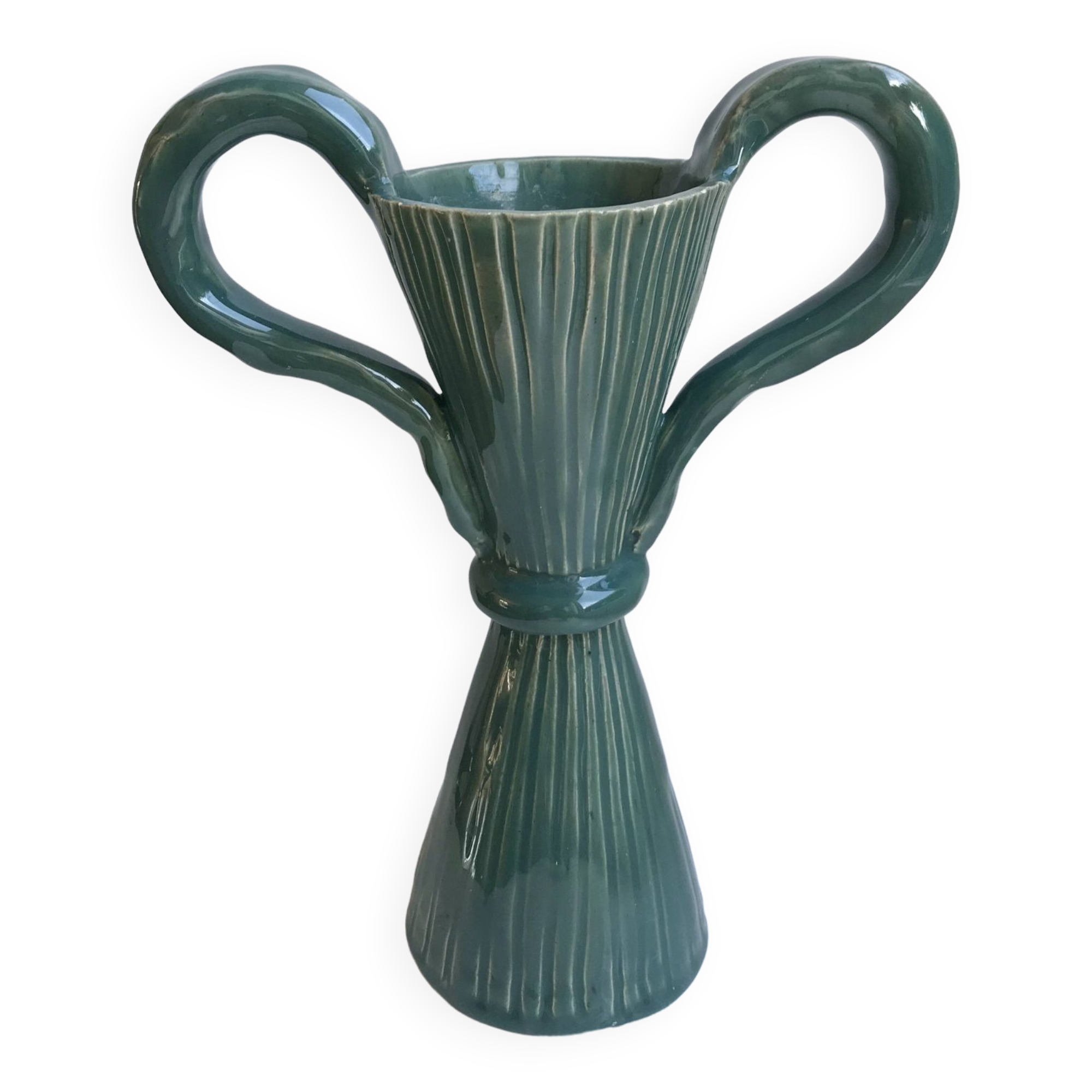 Vase avec anse en céramique poterie signé bleu céladon années 70
