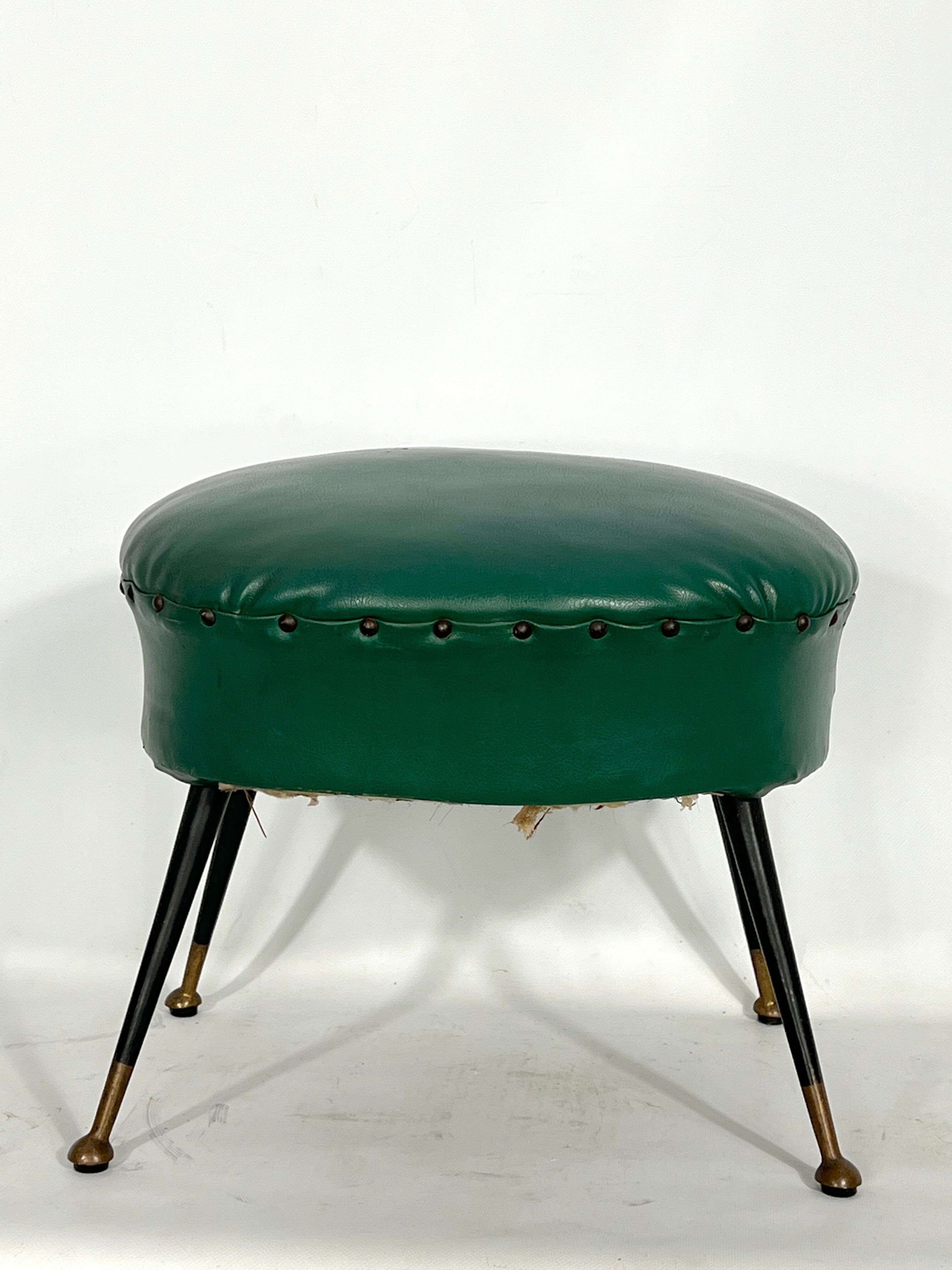 Vintage Italian green leatherette pouf with brass feet from 50s