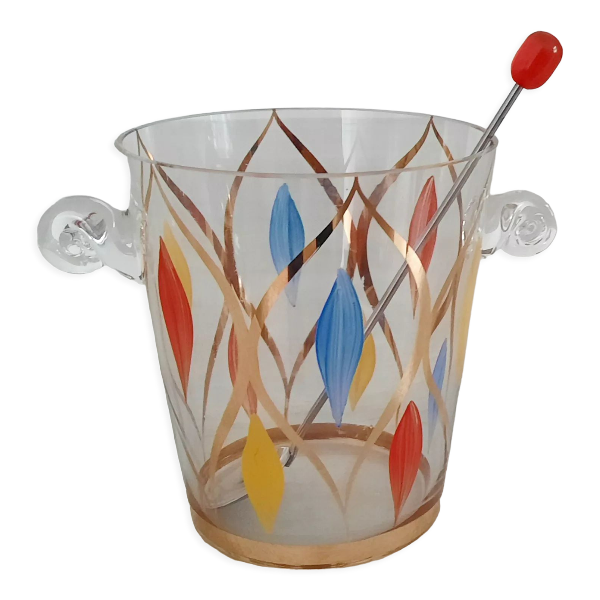 Glass ice bucket, metal spoon and vintage bakelite