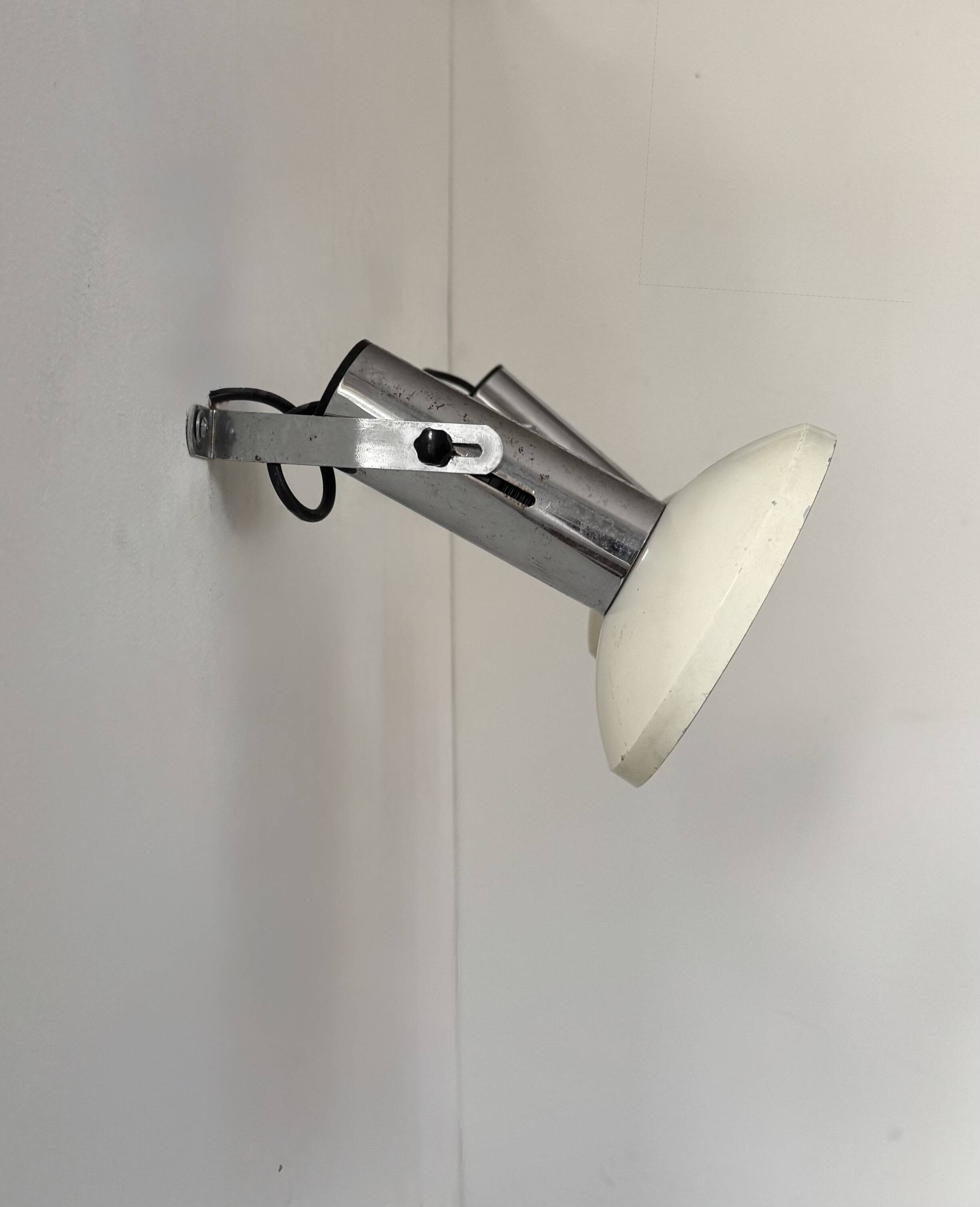 Pair of vintage adjustable wall lights, chrome and white lacquered metal, France 70