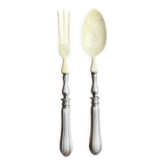 2 couverts à salade en argent et os