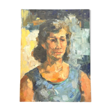 Painting on canvas, woman portrait wearing a blue dress 1940