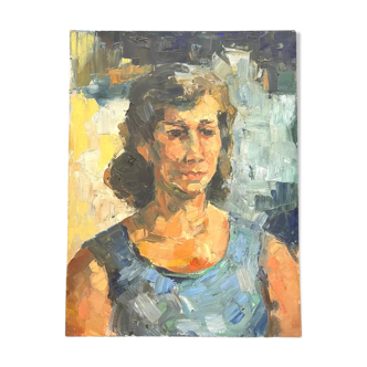 Painting on canvas, woman portrait wearing a blue dress 1940