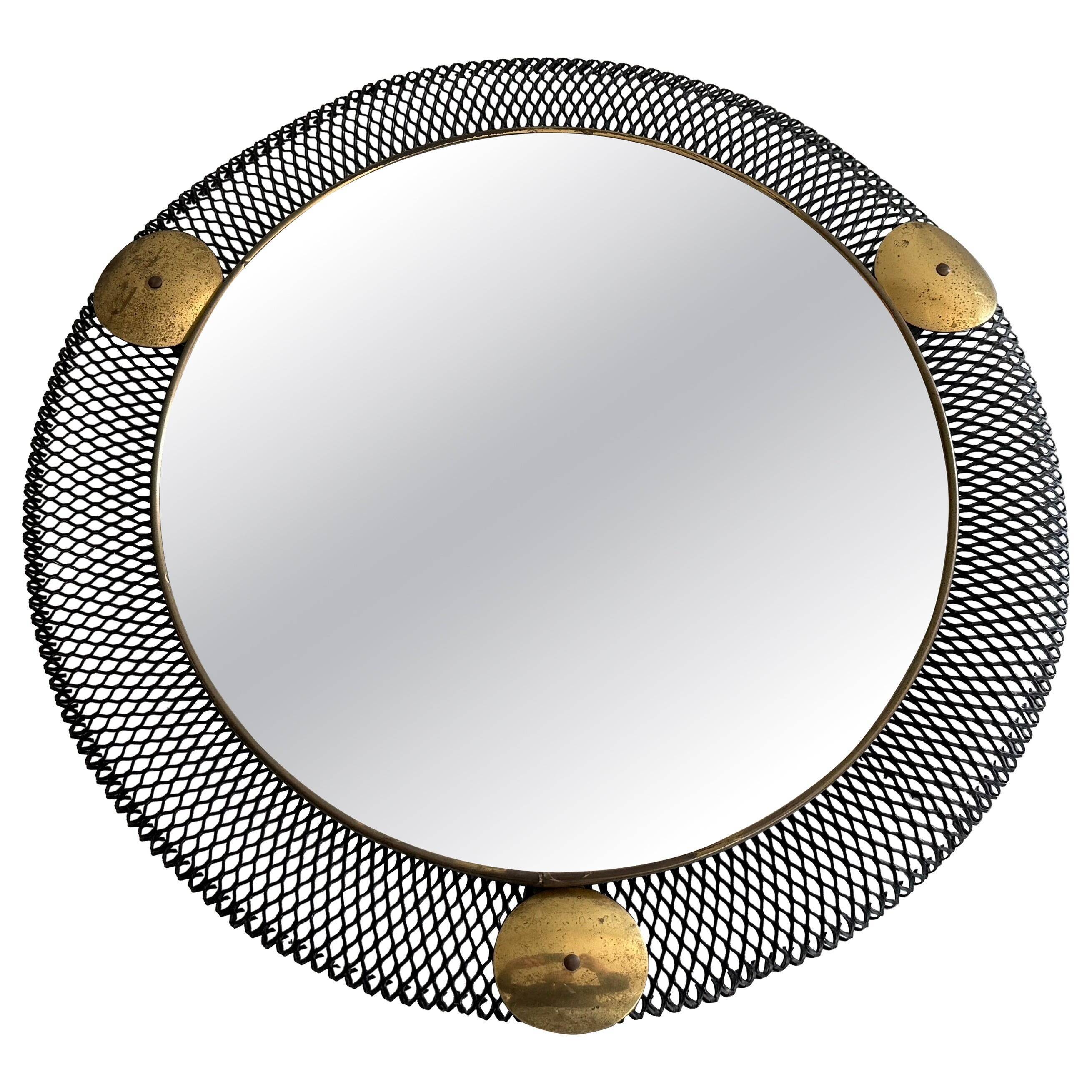 Round wall mirror in brass and black wire, 1960s, Germany
