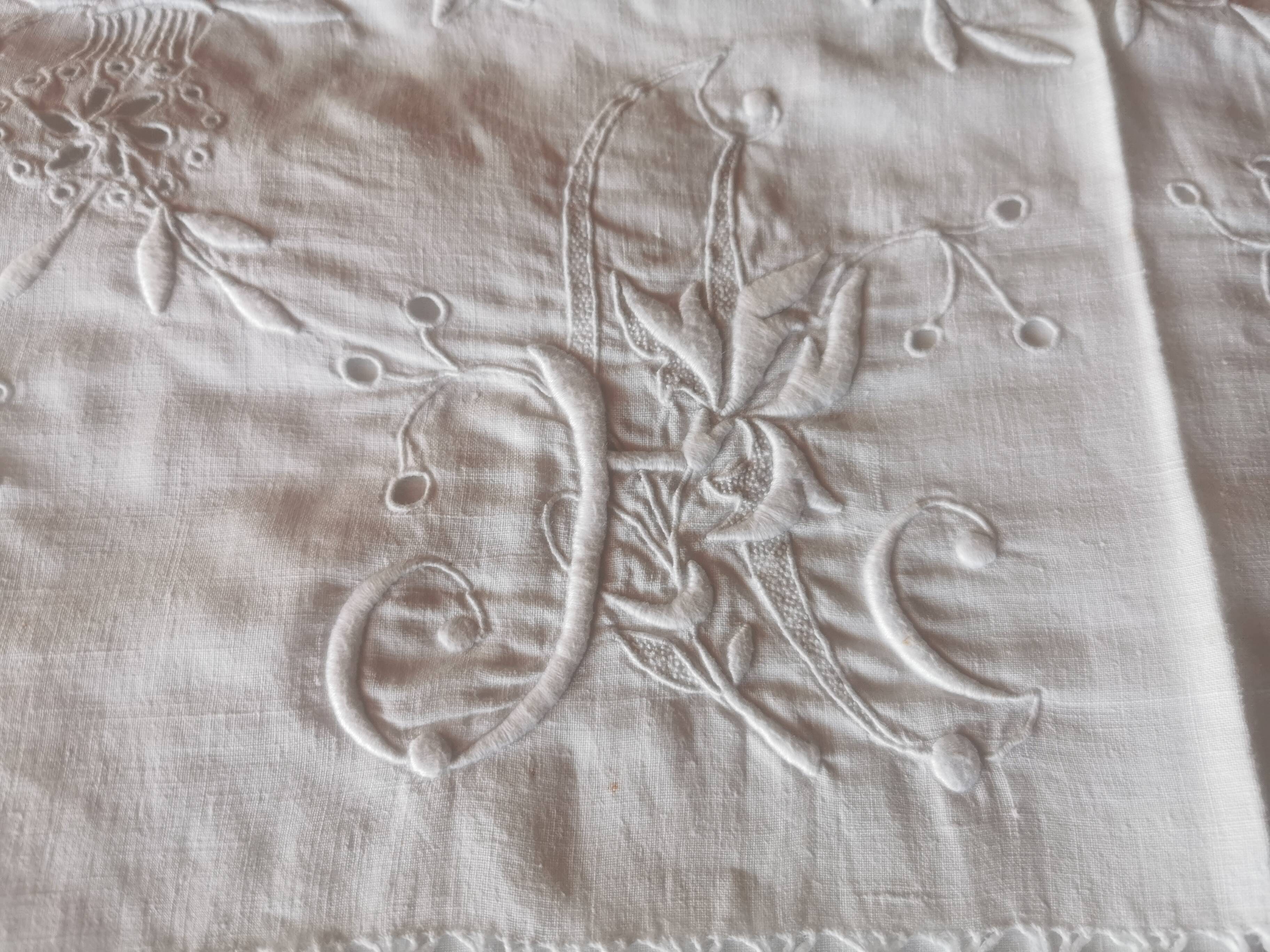 Large antique linen sheet monogrammed AH