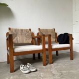 Pair of oak and straw armchairs, reconstruction style