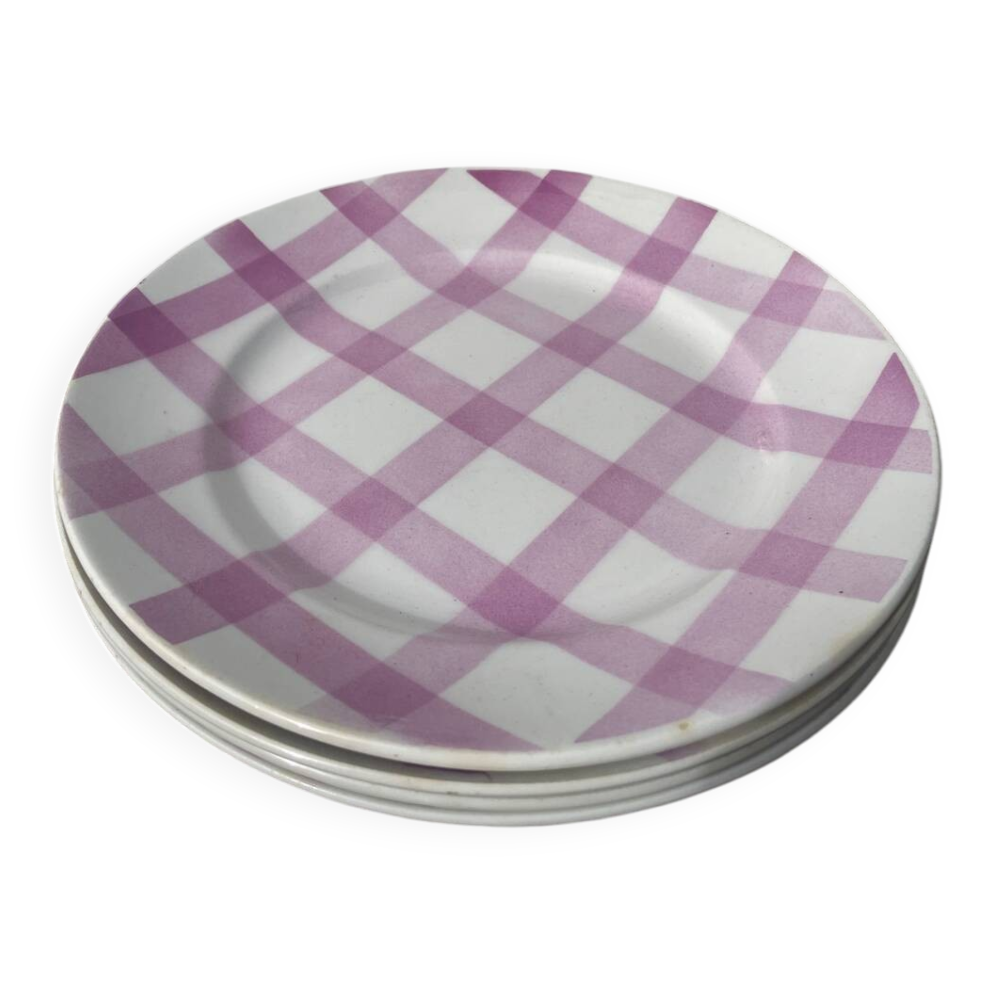 4 dinner plates, pink tablecloth, Moulin des Loups