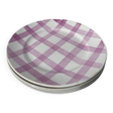 4 dinner plates, pink tablecloth, Moulin des Loups