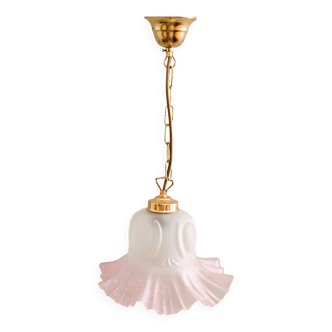 Tulip-shaped pendant light in white and pink glass