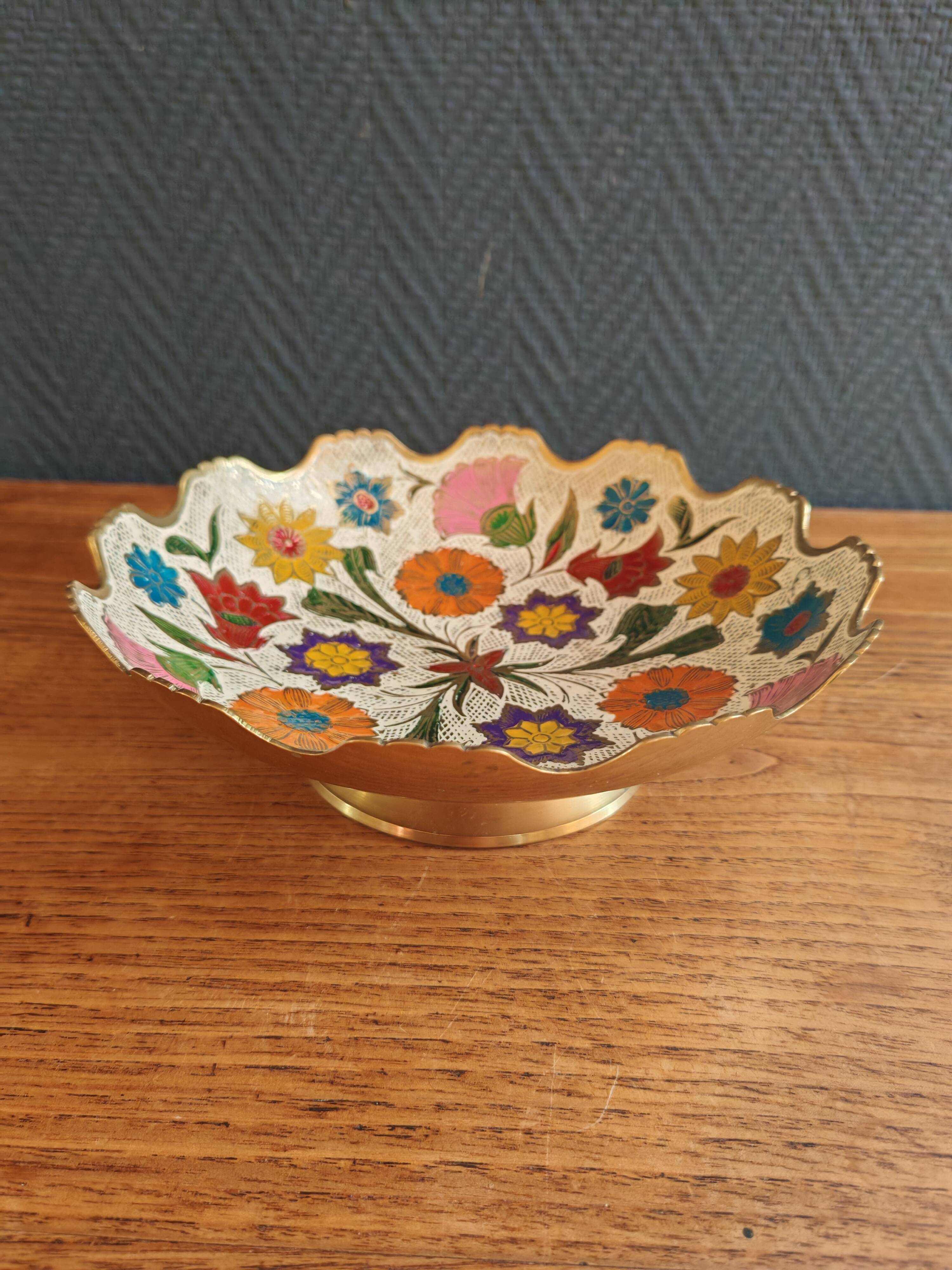 Vintage Enamelled Brass Fruit Bowl – Floral Centrepiece with Edge Fe