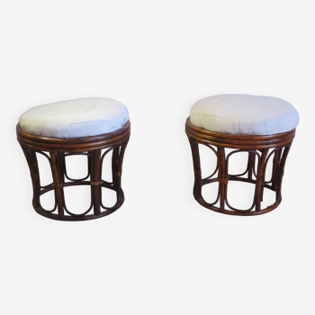 pretty pair of 2 bamboo and rattan stools with cushions - 80s - Vintage - set of 2