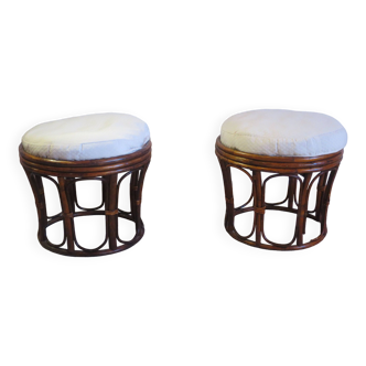 pretty pair of 2 bamboo and rattan stools with cushions - 80s - Vintage - set of 2