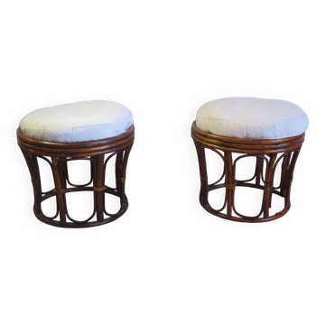 Pretty pair of 2 bamboo and rattan stools with cushions - 80s - Vintage - set of 2