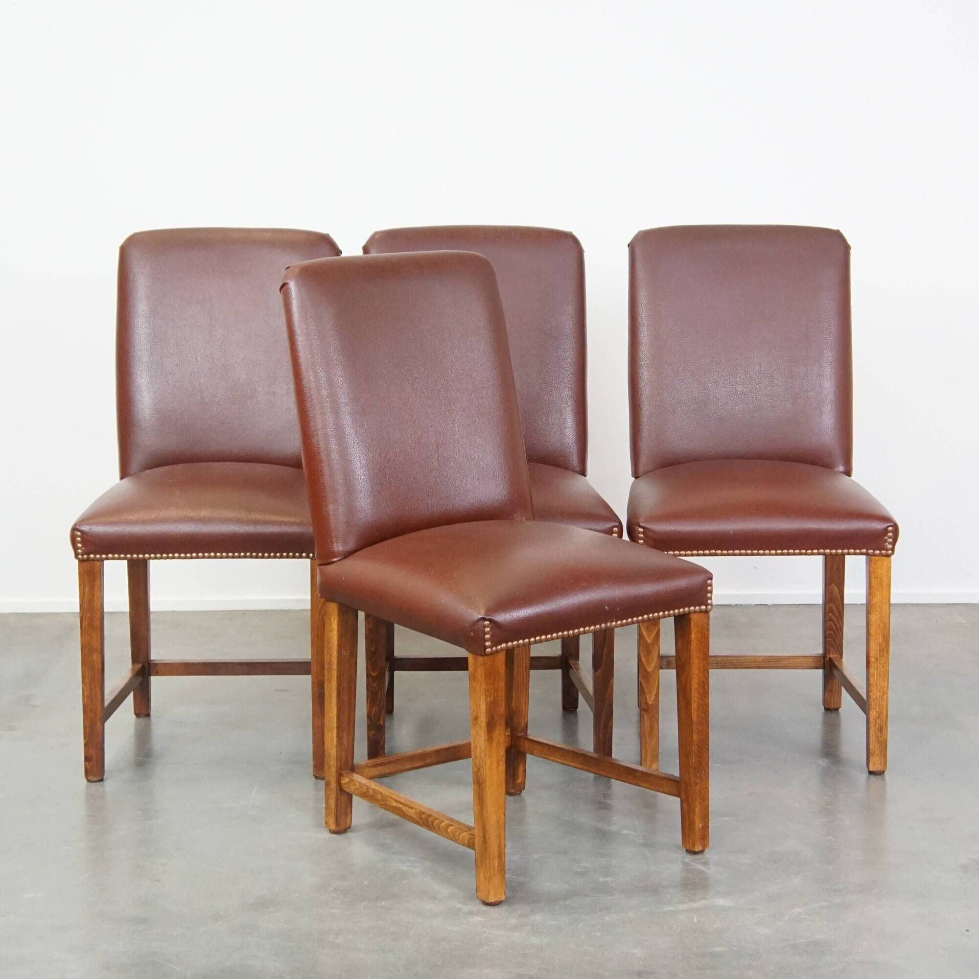 Set of 4 English style dining chairs in cognac-colored leather