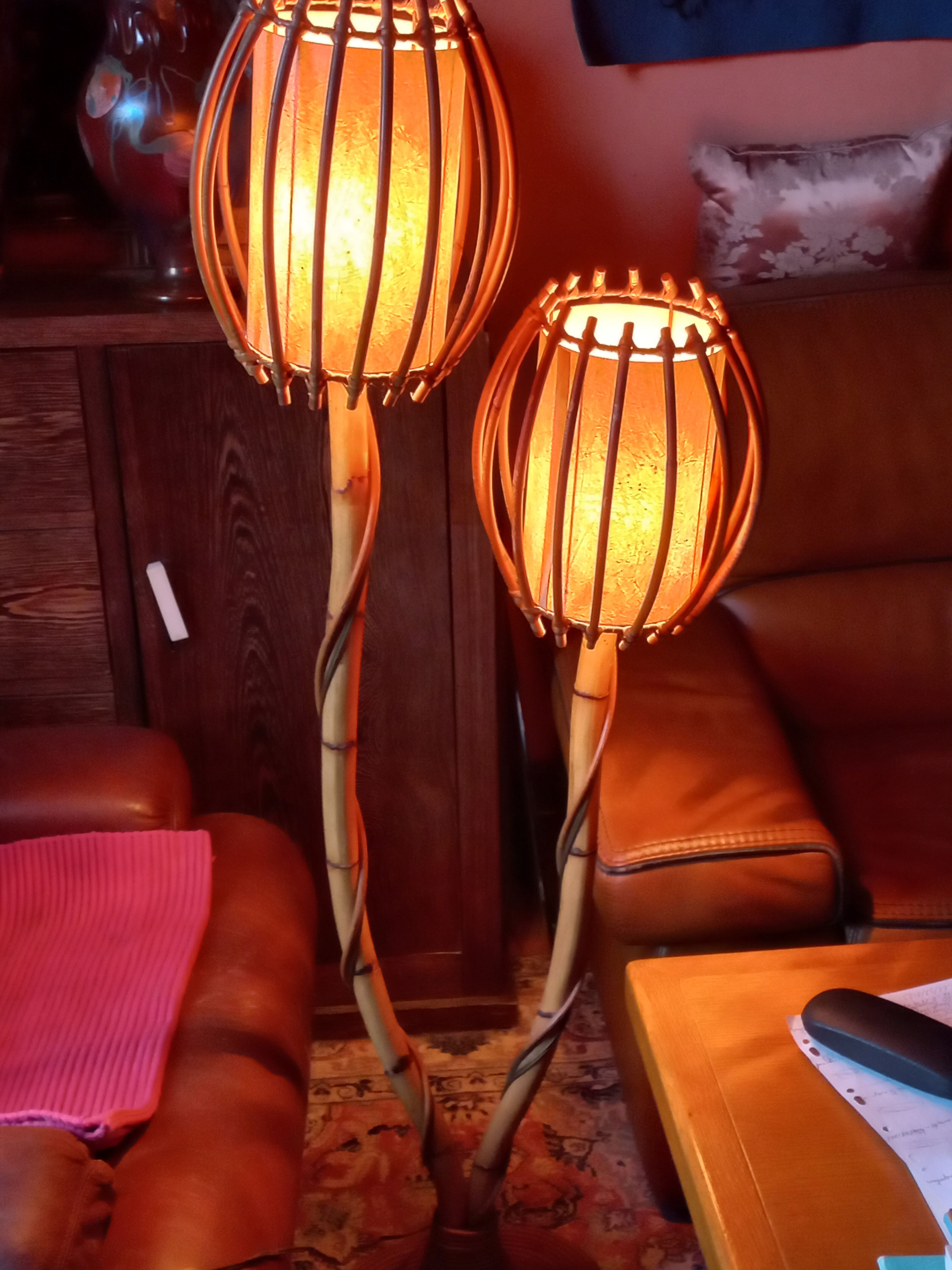 Bamboo and rattan floor lamp 2 lights from the 70s