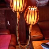 Bamboo and rattan floor lamp 2 lights from the 70s