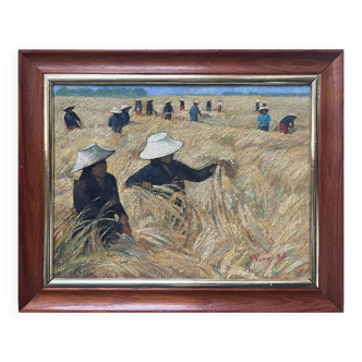 Oil painting on canvas "Harvest Landscape of Vietnam" signed ManoJ 1984
