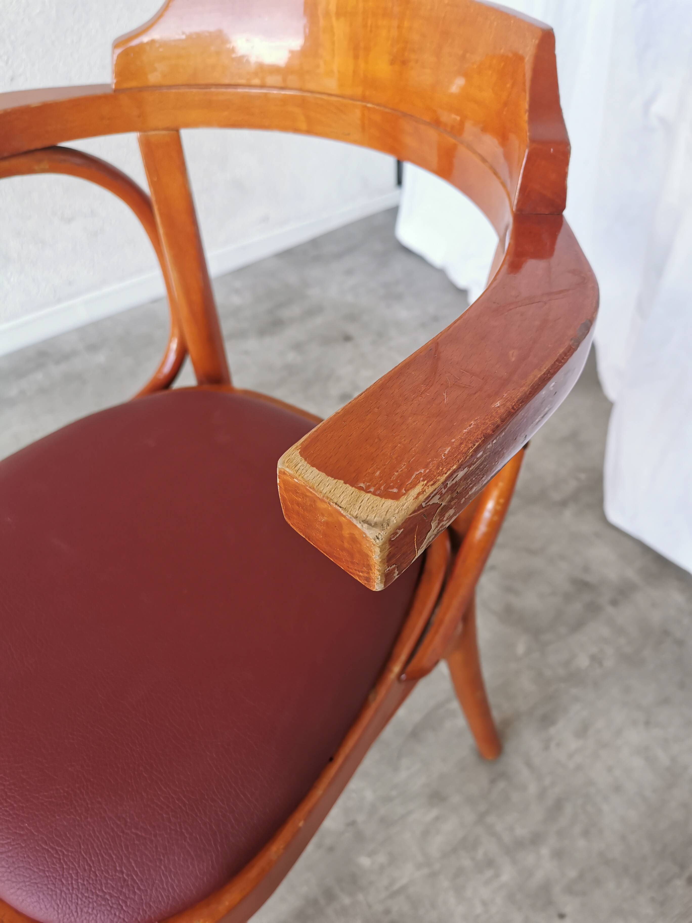 Vintage Bentwood Armchair: 1970s Red Faux Leather Irish Pub Chair