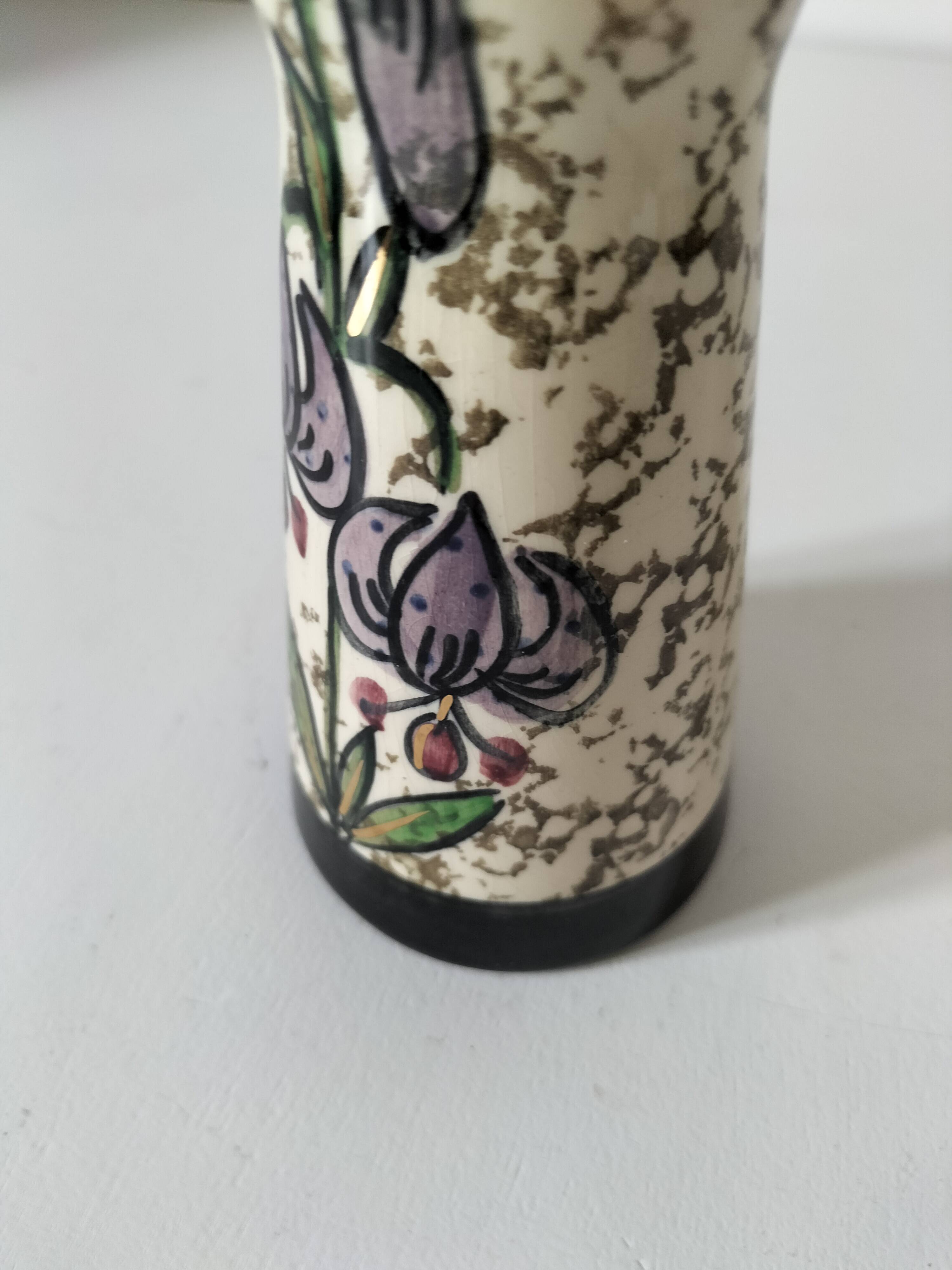 Vintage cream ceramic vase with purple floral decoration and gold highlights