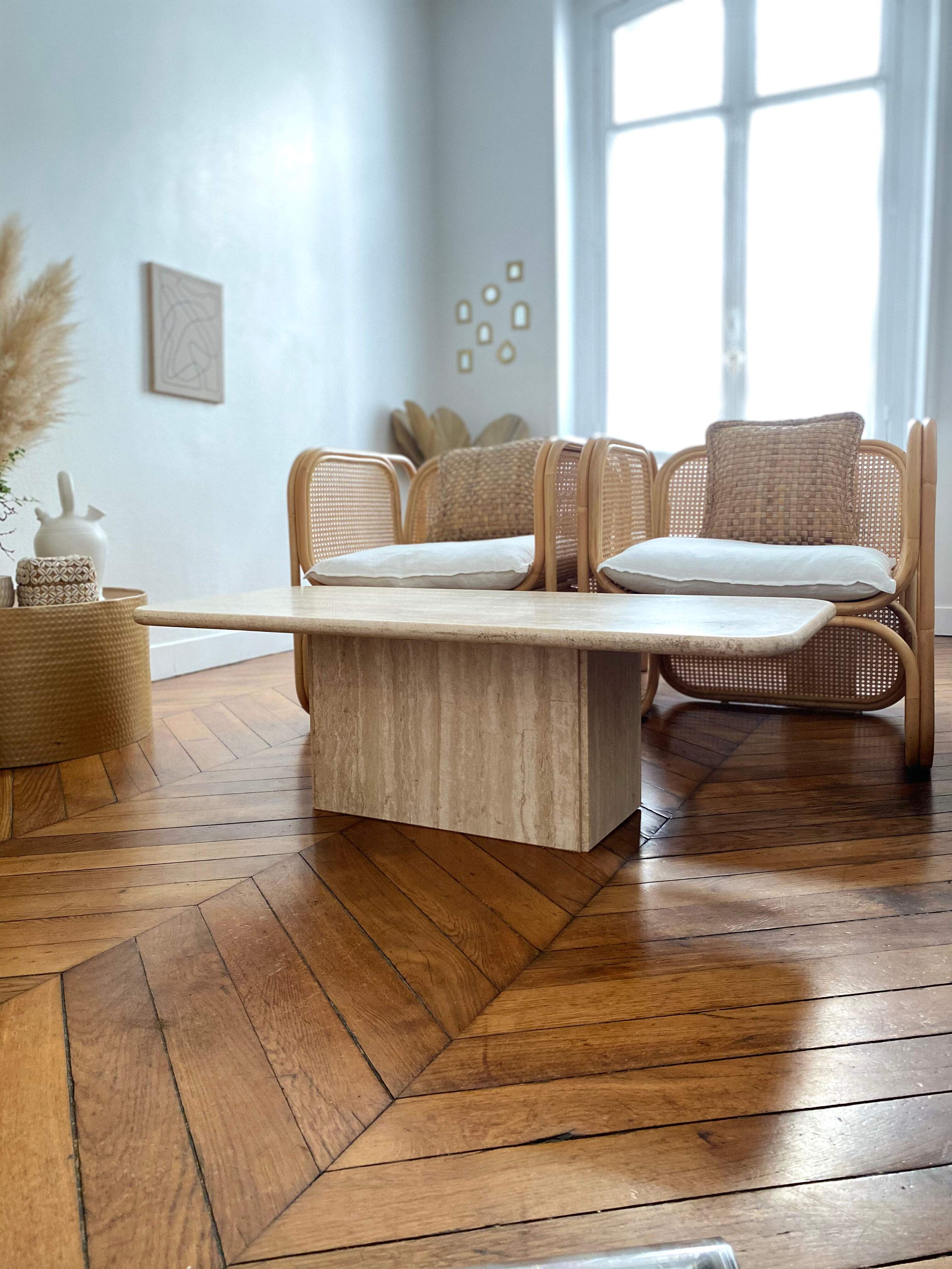 Minimalist design coffee table in unbleached travertine stone